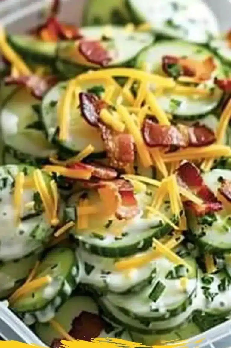 Cucumber Salad with Bacon, Ranch, and Cheddar Cheese served in a bowl