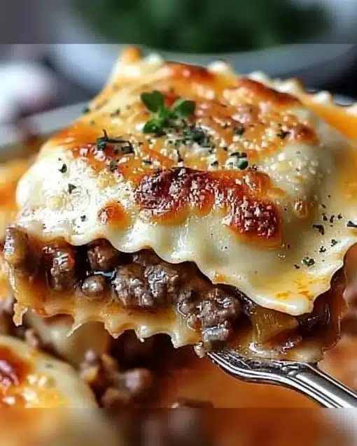 Decadent beef and cheese ravioli casserole topped with melted cheese