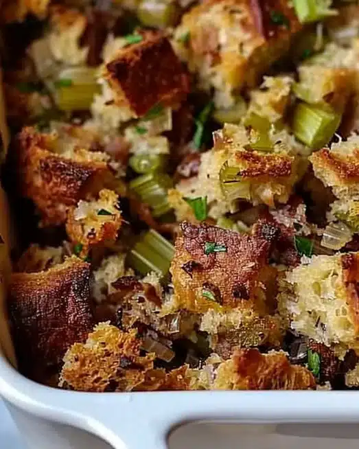 Delicious Thanksgiving stuffing made using Grandma's classic recipe.