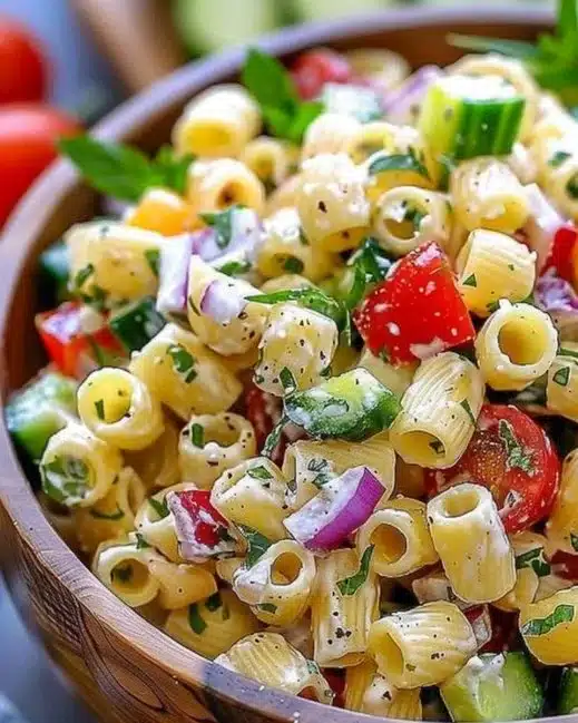 Fresh Ditalini Pasta Salad with vegetables and dressing