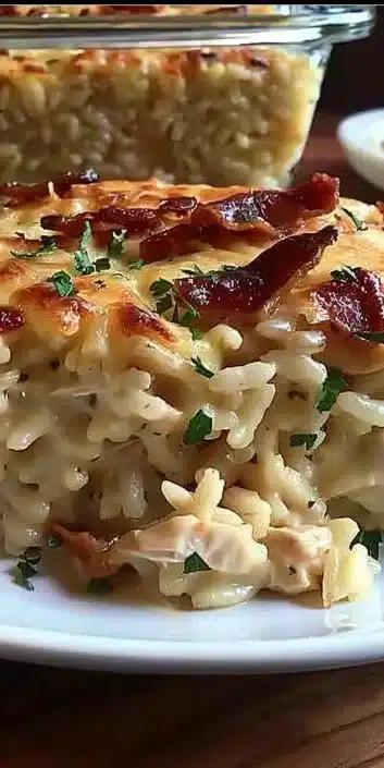 Delicious Dump-and-Bake Chicken Alfredo Rice Casserole topped with cheese