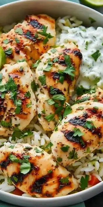 Serving of Dump-and-Bake Chicken Tzatziki with rice on a plate