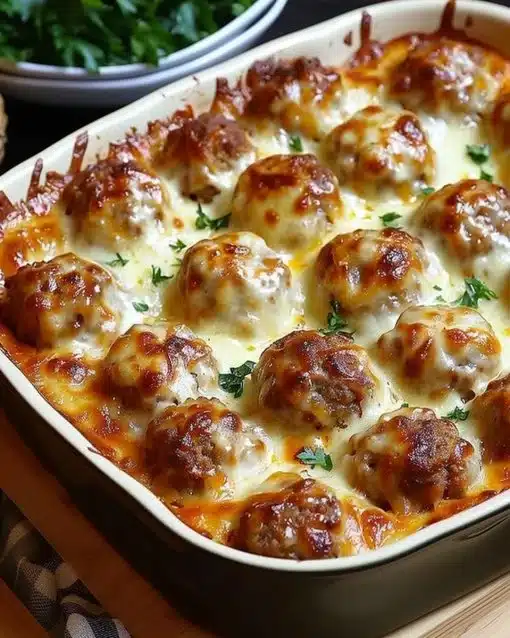 Delicious dump-and-bake meatball casserole served in a baking dish