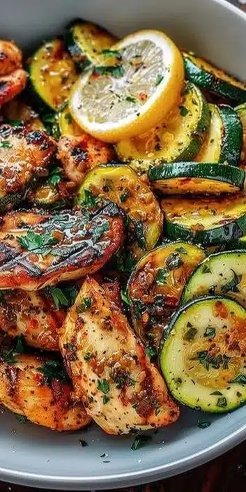 Easy asado chicken with lemon zucchini sauté on a plate