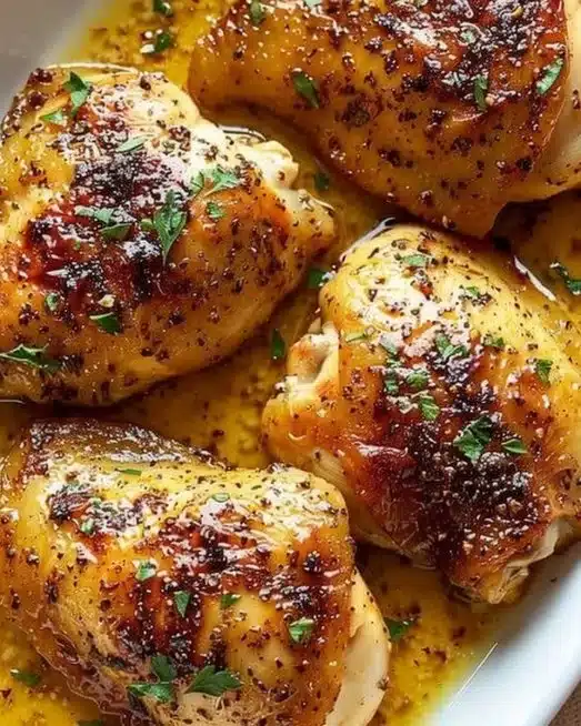 Easy baked boneless skinless chicken thighs on a plate