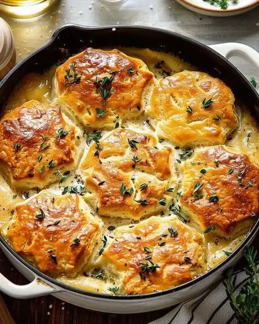 Delicious easy biscuit pot pie with flaky biscuit topping and creamy filling