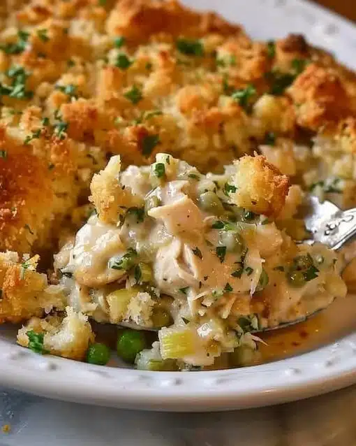 Easy chicken and stuffing casserole baked to perfection in a dish.