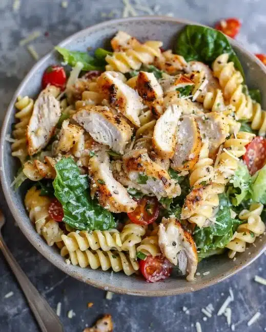 Bowl of Easy Chicken Caesar Pasta Salad with grilled chicken and romaine lettuce
