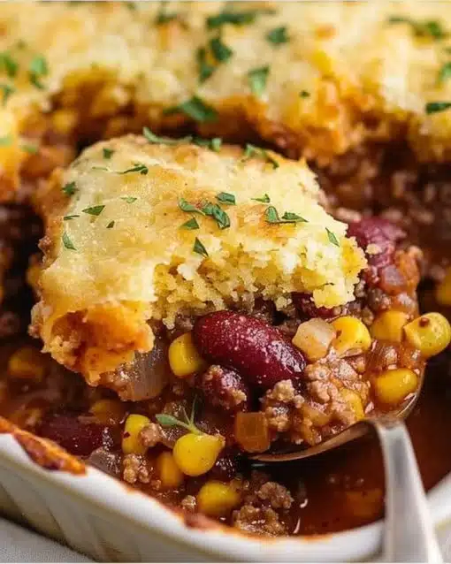 Delicious easy Cowboy Cornbread Casserole served in a baking dish