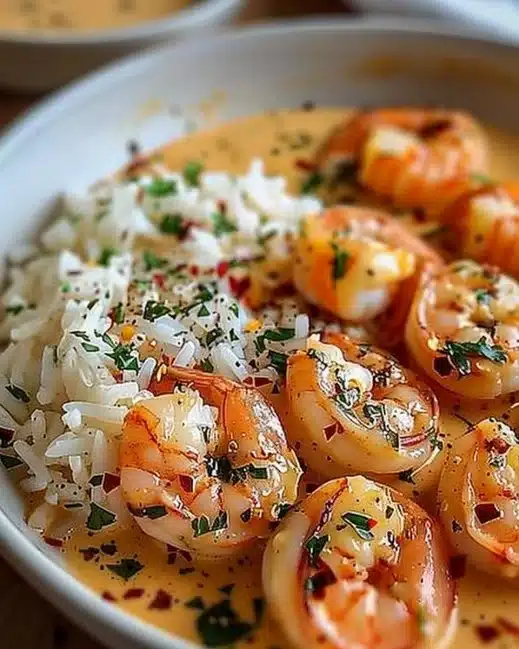 Plate of easy creamy garlic shrimp with herbs and lemon