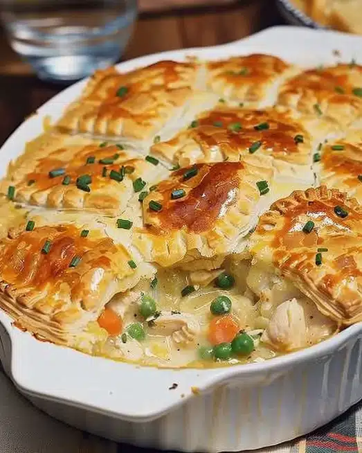 Easy homemade chicken pot pie casserole topped with flaky crust and vegetables.
