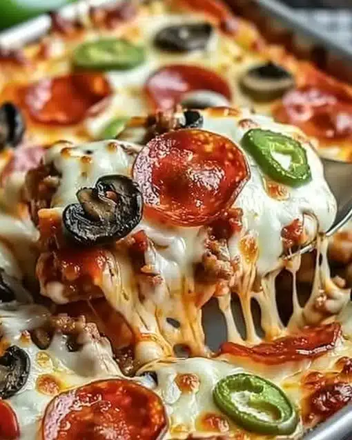 Easy low carb pizza casserole topped with cheese and fresh vegetables