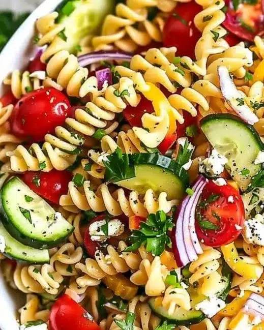 Colorful pasta salad with fresh veggies and zesty dressing
