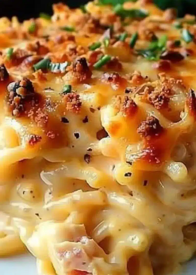Delicious cheesy chicken spaghetti casserole topped with melted cheese