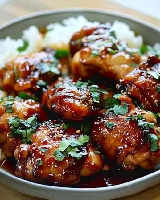 Delicious soy garlic chicken thighs served on a plate with garnish