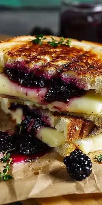 Elevated grilled cheese sandwich with brie and blackberry balsamic jam