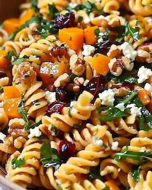 Colorful Fall Harvest Pasta Salad with fresh vegetables and dressing
