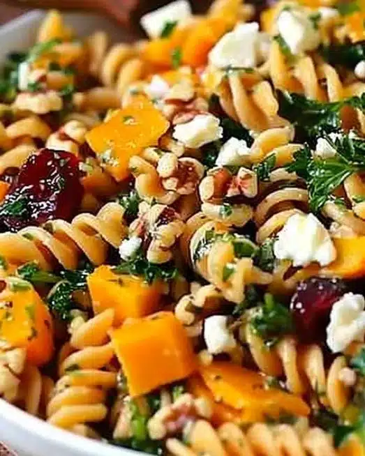 Fall Harvest Pasta Salad with seasonal vegetables and dressing