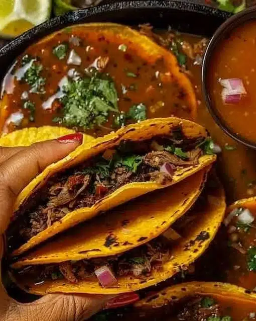 Delicious Birria Tacos served with dipping sauce