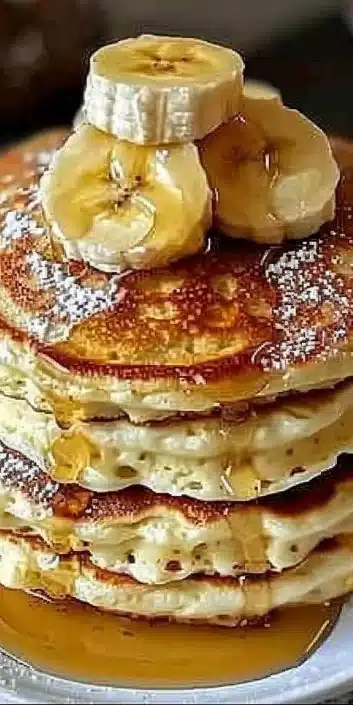 Delicious fluffy banana cottage cheese pancakes stacked on a plate