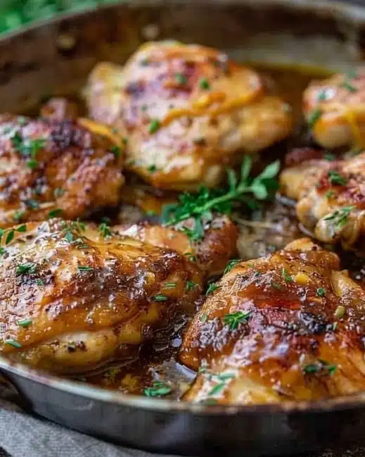 Delicious French mustard chicken served with herbs and sides.