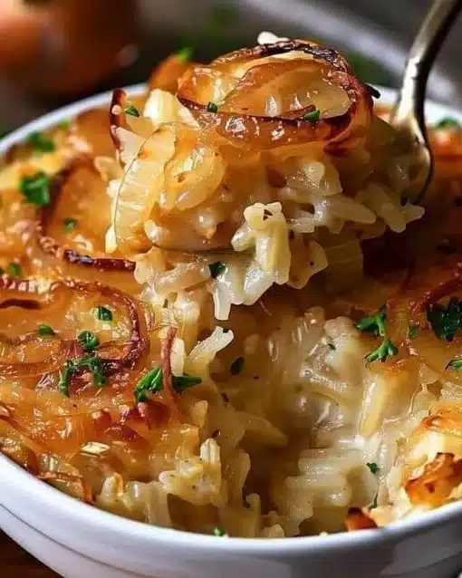 French Onion Chicken Rice Casserole baked in a dish