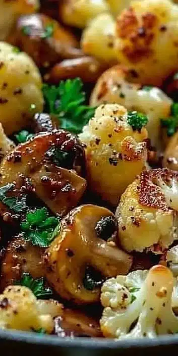 Garlic Cauliflower Mushroom Skillet served in a skillet with fresh herbs