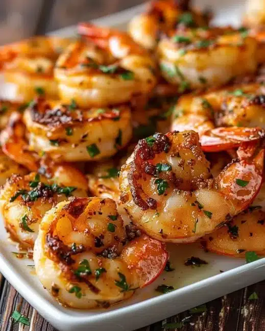 Delicious Garlic Parmesan Roasted Shrimp dish garnished with fresh parsley.