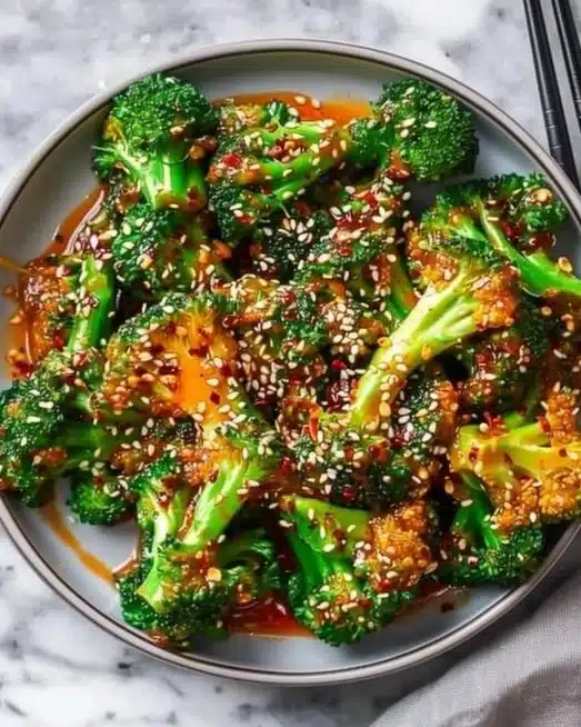 A bowl of gochujang broccoli, a spicy and savory vegetable dish.