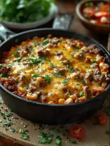 Delicious beef skillet with melted cheddar cheese and corn