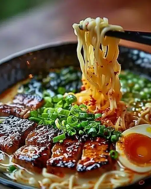A delicious bowl of Gordon Ramsay-style ramen featuring vibrant ingredients.