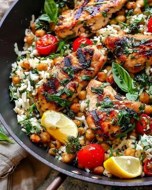 Plate of Greek Chicken served with Lemon Rice garnished with herbs