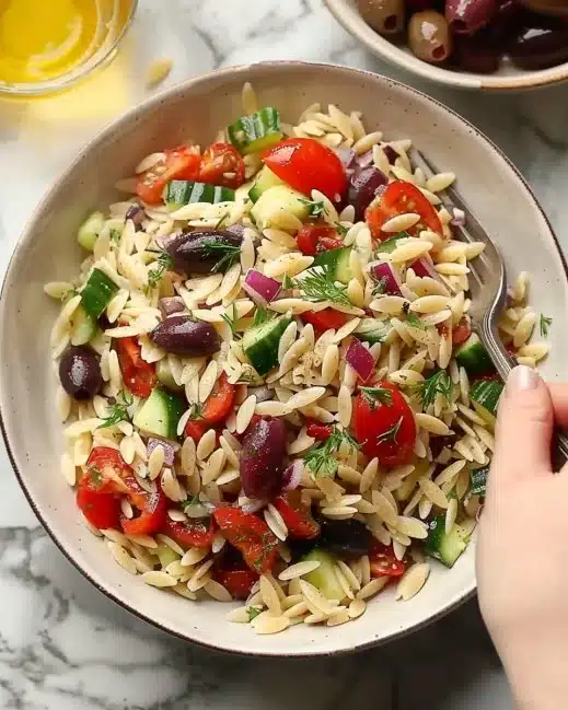 A vibrant Greek Orzo Salad with vegetables, feta cheese, and a zesty dressing