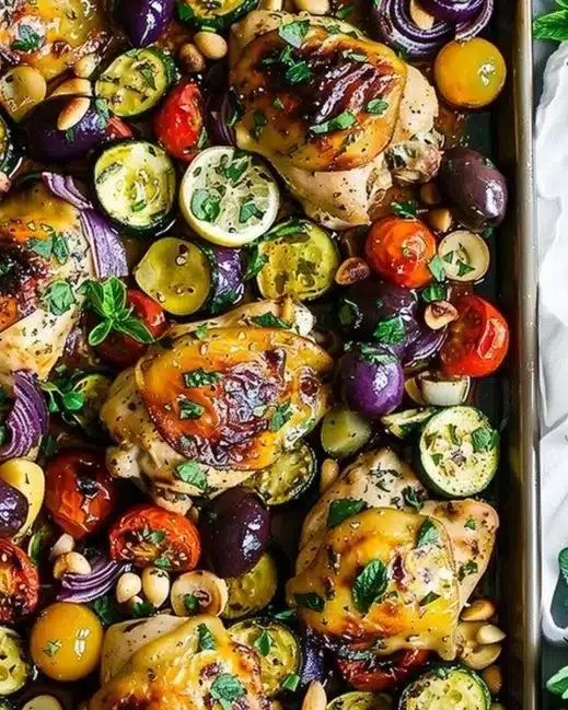 Greek Sheet Pan Chicken with colorful vegetables on a baking tray