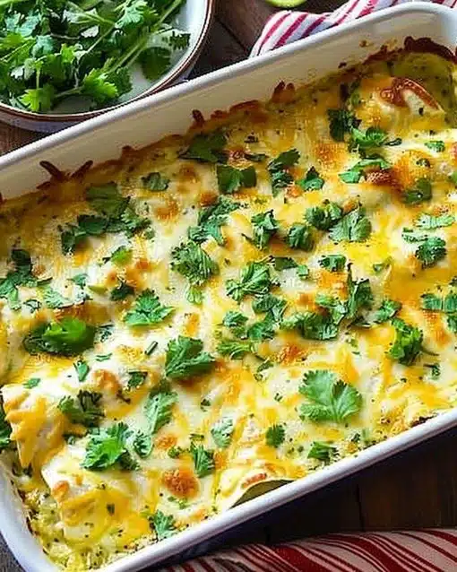 Plate of green enchiladas with chicken garnished with cilantro and avocado.