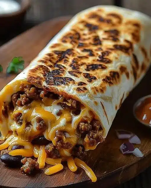 Delicious grilled cheese burrito with melted cheese and golden tortilla