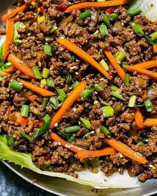 Ground beef lettuce wraps with fresh vegetables and sauce