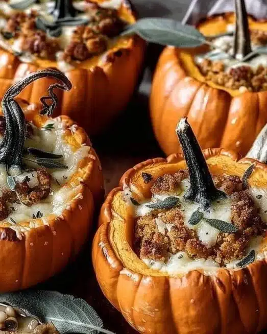Ground Turkey and Brown Butter Sage stuffed mini pumpkins on a platter