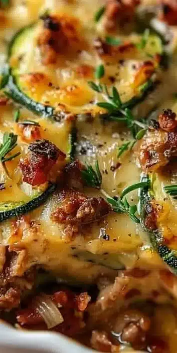 Ground turkey zucchini casserole baked dish on a wooden table