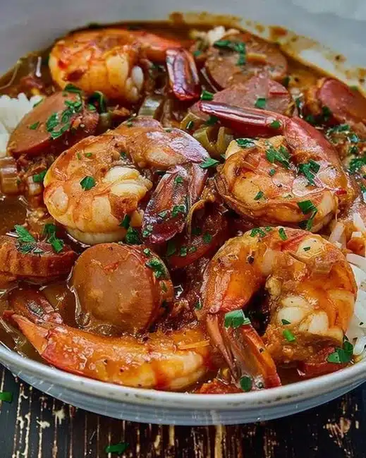 A bowl of authentic gumbo featuring shrimp, sausage, and spices.