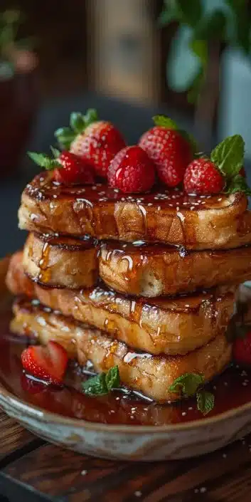 Delicious Hawaiian Roll French Toast topped with syrup and fresh fruit.