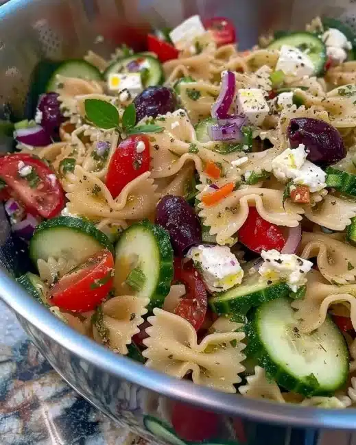 Healthy Greek Pasta Salad with fresh vegetables and olives