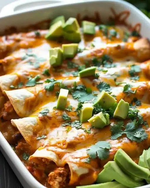 Healthy low-calorie chicken enchiladas topped with fresh vegetables