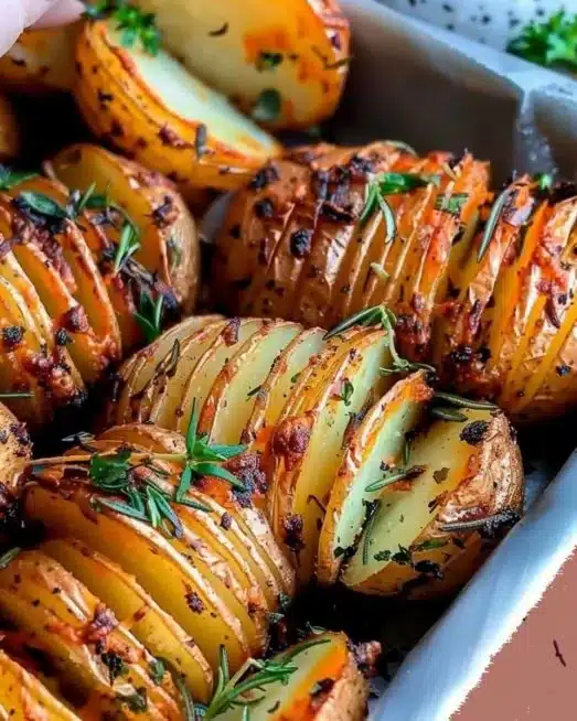 Delicious herb roasted potatoes with crispy edges and vibrant herbs