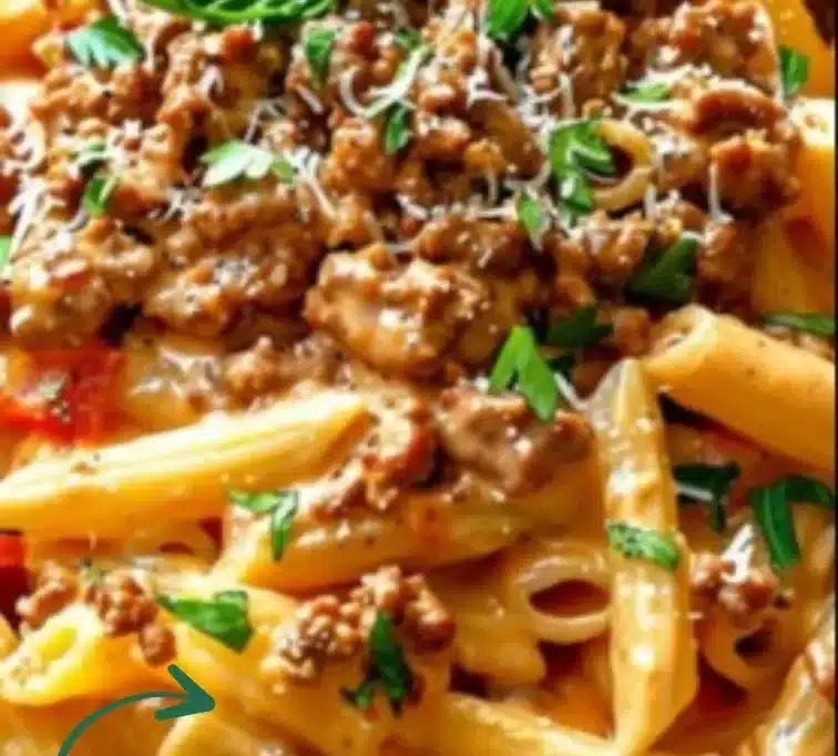Creamy beef pasta dish topped with herbs and served in a bowl