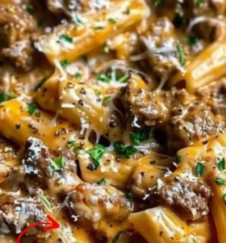 High protein creamy beef pasta dish with a rich sauce and pasta