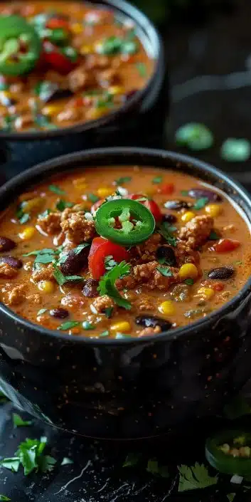 A bowl of high-protein creamy taco soup garnished with cilantro and cheese.