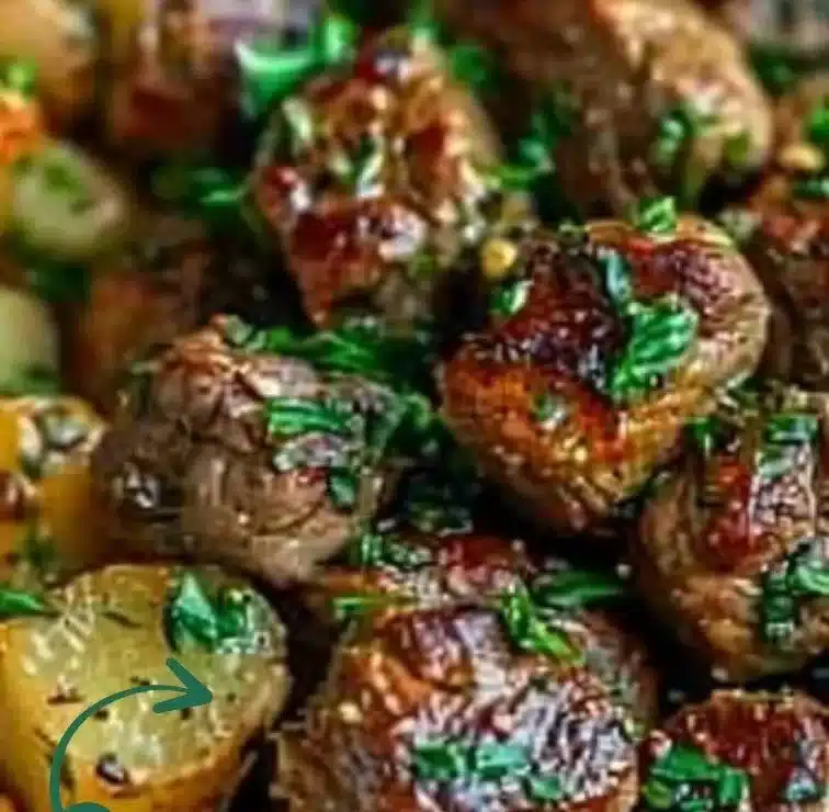 Slow cooker garlic butter beef bites served with herbs and spices