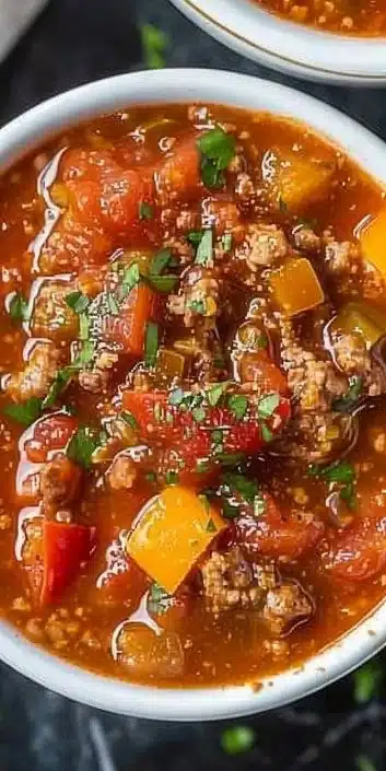 High protein stuffed pepper soup filled with colorful peppers and spices