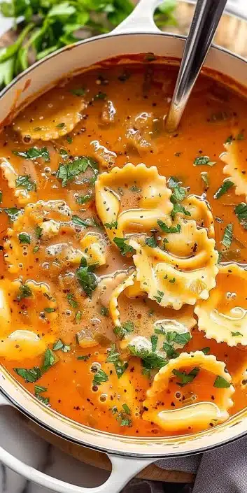 Bowl of homemade ravioli soup with fresh herbs and vegetables